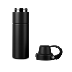 Recycled stainless steel thermal bottle, handle, dual opening, 600ml black colour