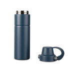 Recycled stainless steel thermal bottle, handle, dual opening, 600ml navy-blue colour