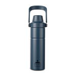 Recycled stainless steel thermal bottle, handle, dual opening, 600ml navy-blue colour