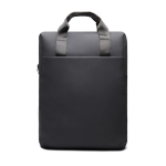 Recycled backpack, front pocket, travel strap, 16” black colour