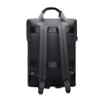 Recycled backpack, front pocket, travel strap, 16” black colour