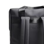 Recycled backpack, front pocket, travel strap, 16” black colour
