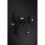 Recycled backpack, front pocket, travel strap, 16” black colour
