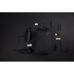 Recycled backpack, front pocket, travel strap, 16” black colour