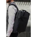 Recycled backpack, front pocket, travel strap, 16” black colour