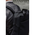 Recycled backpack, front pocket, travel strap, 16” black colour
