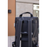 Recycled backpack, front pocket, travel strap, 16” black colour