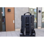 Recycled backpack, front pocket, travel strap, 16” black colour