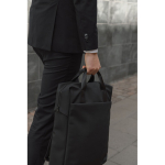 Recycled backpack, front pocket, travel strap, 16” black colour