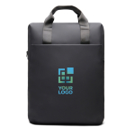 Recycled backpack, front pocket, travel strap, 16” black colour