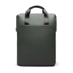 Recycled backpack, front pocket, travel strap, 16” green colour