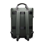 Recycled backpack, front pocket, travel strap, 16” green colour