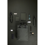 Recycled backpack, front pocket, travel strap, 16” green colour