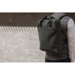 Recycled backpack, front pocket, travel strap, 16” green colour