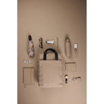 Recycled backpack, front pocket, travel strap, 16” ivory colour