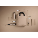 Recycled backpack, front pocket, travel strap, 16” ivory colour