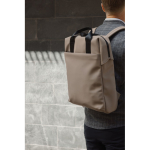 Recycled backpack, front pocket, travel strap, 16” ivory colour