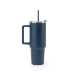 Large recycled stainless steel travel mug, matte finish, 1.3L navy-blue colour first view