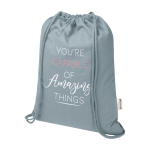 Recycled cotton and RPET drawstring backpack, 5L, 140 g/m2 grey colour screen printing view