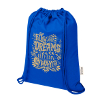 Recycled cotton and RPET drawstring backpack, 5L, 140 g/m2 royal blue colour screen printing view