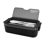 Plastic lunch box, matching cutlery, large compartment black colour