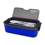 Plastic lunch box, matching cutlery, large compartment blue colour