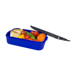 Plastic lunch box, matching cutlery, large compartment blue colour