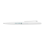 Recycled plastic pen, minimalist design, blue ink white colour