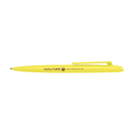 Recycled plastic pen, minimalist design, blue ink yellow colour
