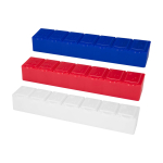 Weekly pill organiser, seven labelled compartments blue colour
