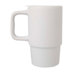 Ceramic mug, plastic lid, large handle, 450ml white colour