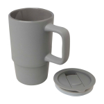 Ceramic mug, plastic lid, large handle, 450ml grey colour