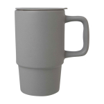 Ceramic mug, plastic lid, large handle, 450ml grey colour
