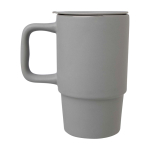 Ceramic mug, plastic lid, large handle, 450ml grey colour