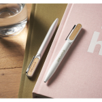 Twist pen made of recycled aluminum and bamboo with blue ink white colour main ambient view
