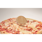 Round pizza cutter with bamboo handle and guard wood colour photographic view