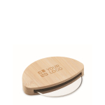 Round pizza cutter with bamboo handle and guard wood colour view with print area