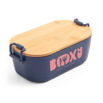 Airtight plastic lunch box with bamboo lid and buckles 1L navy-blue colour image with logo