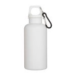 Recycled plastic bottle with carabiner and screw cap 400ml white colour second front view