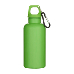 Recycled plastic bottle with carabiner and screw cap 400ml neon green colour second front view