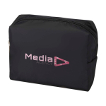 Recycled polyester travel toiletry bag with handle and zip black colour transfer printing view