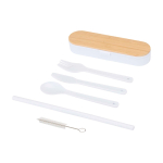 Reusable cutlery set with box and bamboo lid white colour second front view