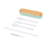 Reusable cutlery set with box and bamboo lid mint green colour printed logo view 2