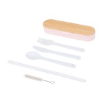 Reusable cutlery set with box and bamboo lid light pink colour second front view