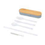 Reusable cutlery set with box and bamboo lid blue gray colour second front view