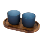 Elegant wooden tray with 2 frosted glass tumblers 200 ml bondi blue colour