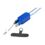 Smartphone lanyard with integrated 5-in-1 cable and USB connections royal blue colour close-up view 1