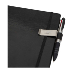 Stainless steel pen clip with faux leather sleeve black colour printed logo view 2
