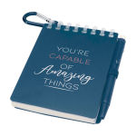 Mini spiral-bound notebook with black ink pen navy-blue colour pad printing view