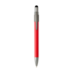 Ballpoint pen with stylus tip and rotating spinner, blue ink red colour second front view